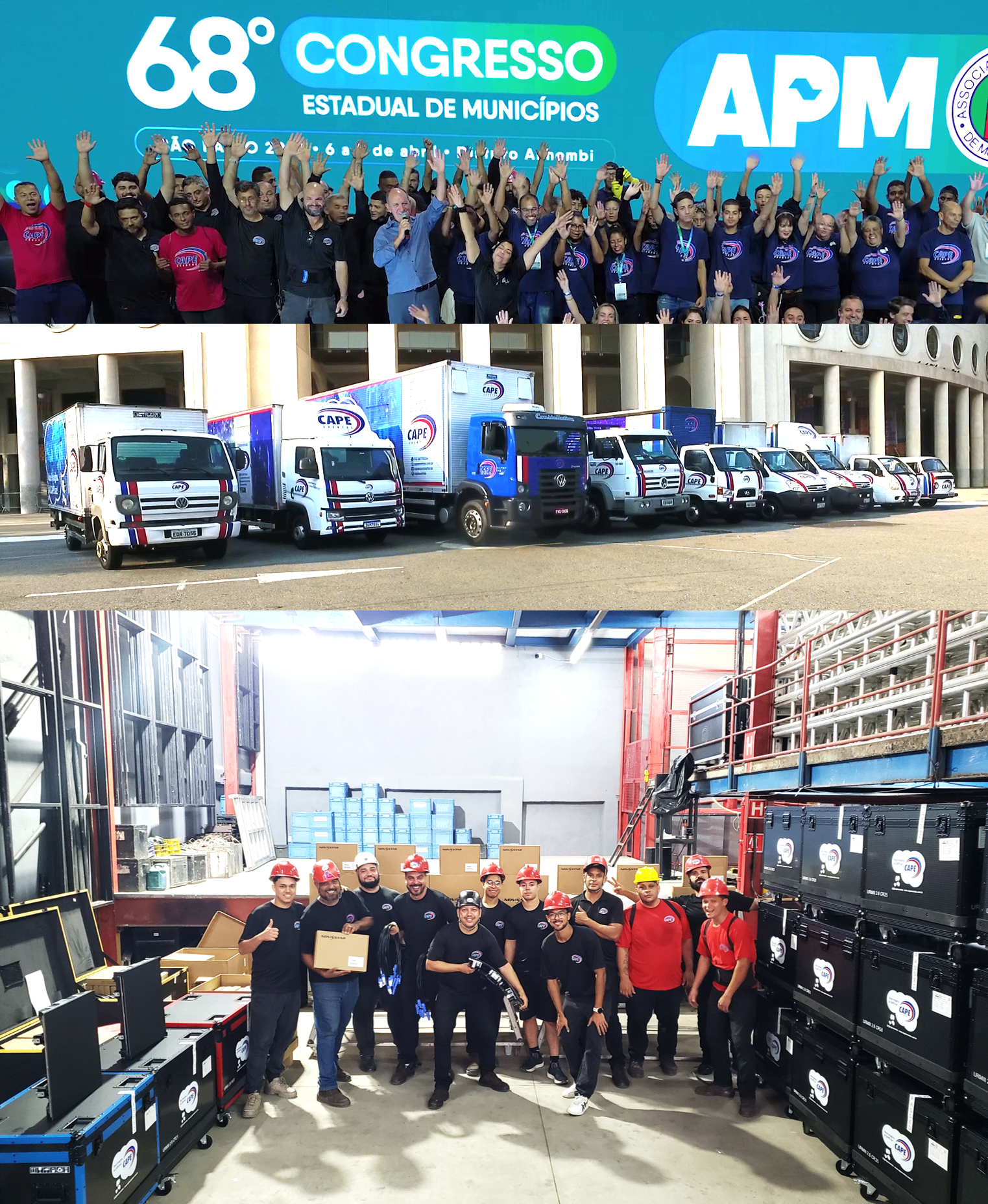 Tríptico institucional da Cape Eventos: equipe no 68º Congresso da APM, frota própria e time de estrutura/logística